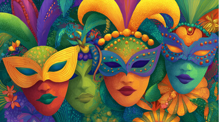 Vibrant carnival masks in rich colors and artistic detail, celebrating festive culture and creative expression. Perfect for themes of celebration, tradition, fantasy and cultural events