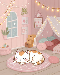 Cute cozy room with tiny cat sleeping on pillow, warm fairy lights, soft plush decor, pastel aesthetic