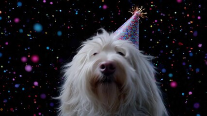 Playful dog in party hat amidst colorful confetti celebrates festive cheer - Powered by Adobe