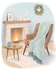 Watercolor cozy home interior with fireplace, blanket, hot cocoa, gentle winter ambiance, pastel tones