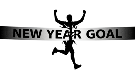 Silhouette of a runner crossing the finish line with arms raised in triumph, symbolizing achieving a new year goal