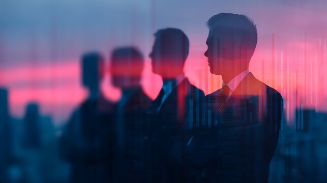 Silhouettes of business professionals against a colorful sunset, with abstract data visualizations, suggesting themes of strategy and decision-making.