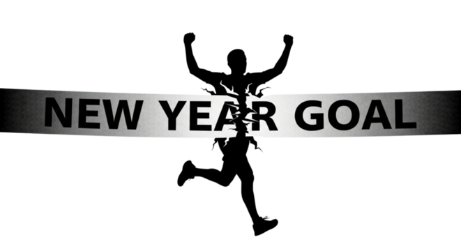 Silhouette of a runner crossing the finish line with arms raised in triumph, symbolizing achieving a new year goal