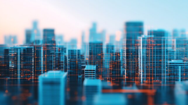 A futuristic cityscape featuring skyscrapers, illuminated by a network of glowing lines, suggesting advanced technology and digital connections.