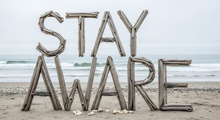 Fototapeta premium Driftwood Beach Sign Saying Stay Shore on Sandy Seaside with Ocean Waves in Overcast Sky