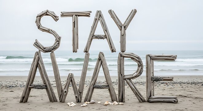 Driftwood Beach Sign Saying Stay Shore on Sandy Seaside with Ocean Waves in Overcast Sky - Powered by Adobe