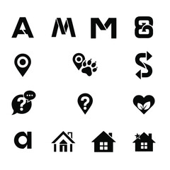 Collection of black graphic icons including letters numbers location symbols and houses vector white