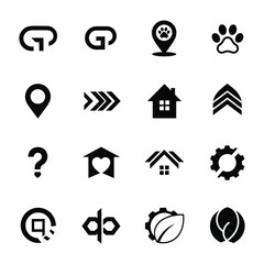 Collection of black graphic icons including G shapes paw print location house gear leaf and question mark