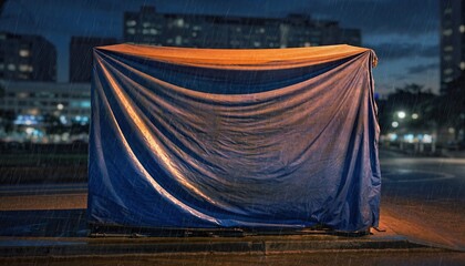 Outdoor Storage Shed Covered With Blue Tarp Under Evening Rain In Urban Setting
