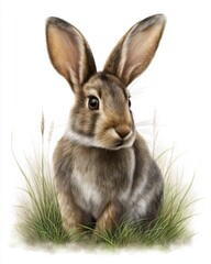 Obraz premium Cute brown rabbit sitting in grass with soft fur texture and gentle expression, symbolizing nature, wildlife, innocence and peaceful animal illustration 