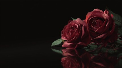 Fototapeta premium Elegant red roses on black background with soft reflection and moody lighting symbolizing love, romance and passion for Valentine’s Day or wedding design 