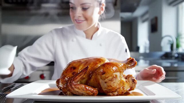 Chef expertly bastes a golden roasted chicken in a professional kitchen setting.