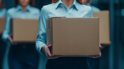 A group of individuals in business attire is seen carrying cardboard boxes in a modern office setting.