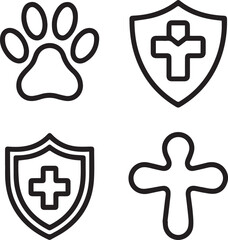 Veterinary care icons for pet health, showcasing a paw print, cross shields, and medical symbols in a clean, modern design that speaks to animal well-being