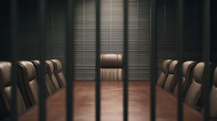 A sleek conference room with a long table and leather chairs, viewed through vertical blinds, creating a sense of separation and focus.