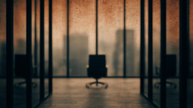 An empty office space with a single chair, showcasing a blurred city skyline through glass walls, creating a moody and contemplative atmosphere. - Powered by Adobe