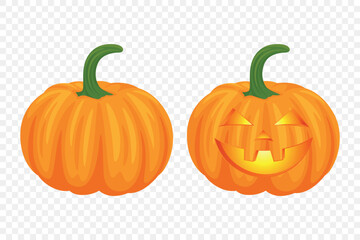Vector Halloween Pumpkin Set with Carved Faces. Cute Cartoon Pumpkins Set. Colorful Halloween Stickers for Autumn Harvest, Fall Decoration, Thanksgiving, Festive Design