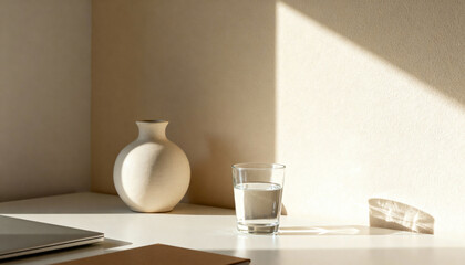Minimalist still life with a glass of water and vase in natural sunlight. Modern home office desk with dramatic shadows and a clean aesthetic