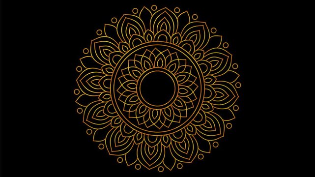 Intricate golden mandala design with symmetrical floral patterns, radiating from a central circle on a stark black background