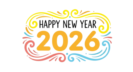 Happy new year 2026 text with colorful decorative swirls and flourishes