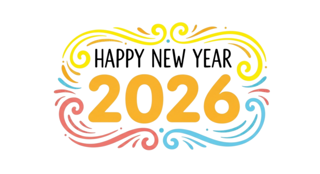 Happy new year 2026 text with colorful decorative swirls and flourishes