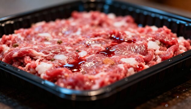 A detailed close-up of raw minced meat with seasoning in a black tray. Fresh ground pork or beef as a cooking ingredient for a recipe - Powered by Adobe