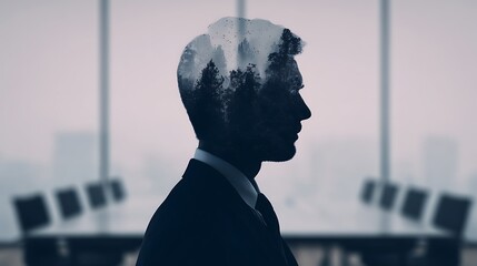 A silhouette of a man blends with a forest landscape, symbolizing the connection between nature and corporate life in a modern office setting.