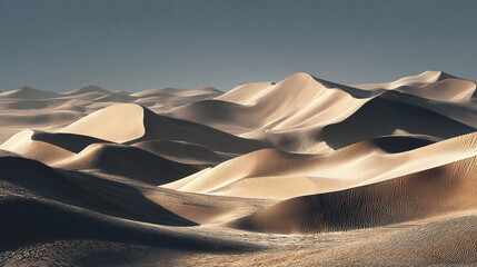 Majestic desert landscape with undulating sand dunes under a clear sky, bathed in sunlight. The scene is both serene and captivating