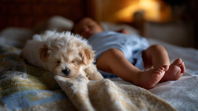 Baby’s legs and a sleeping puppy curled next to them on a blanket, ambient room light slightly blurred, calm realistic scene, faceless, with copy space