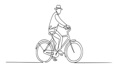 Naklejka premium Line Drawing of Man in Hat Riding a Bicycle, Urban Commuting, Eco-Friendly Transportation and Healthy Lifestyle Concept, Minimalist Single Line Sketch, Isolated Vector