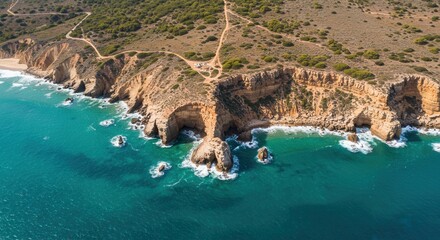 Aerial view captures dramatic coastal cliffs meeting turquoise ocean waters below dry scrubland