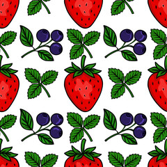 Seamless vector pattern featuring vibrant red strawberries and deep blue blueberries with lush green leaves on a clean white background, perfect for culinary and decorative applications.