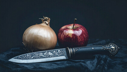 Still life illustration featuring an onion, an apple, and a knife, combining everyday kitchen objects with subtle tension. Perfect for food concepts, editorial use, and modern design projects.