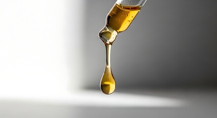 Medical Dropper with Golden Liquid in Close Up on Gray Background
