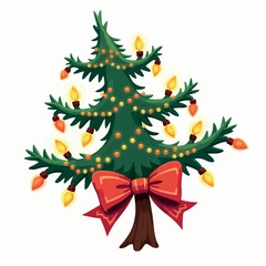 Small Christmas Tree Decorated with Bright Lights and a Red Bow