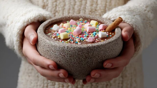 Cozy morning ritual: hands embracing hot chocolate with marshmallows and sprinkles