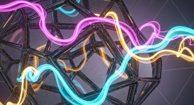 Abstract geometric structure with vibrant neon light trails, modern design