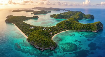 Aerial perspective captures tropical archipelago with lush vegetation and turquoise ocean waters during sunset