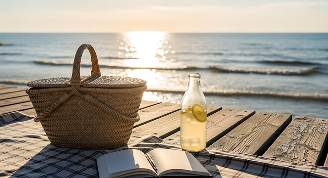 Golden hour picnic on pier with lemonade, book, and ocean sunset.