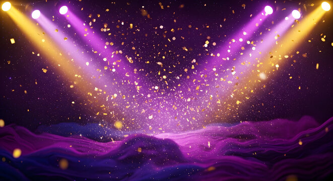 Background de Carnaval com Confetes Dourados, Holofotes e Efeito de Palco em Roxo Abstrato