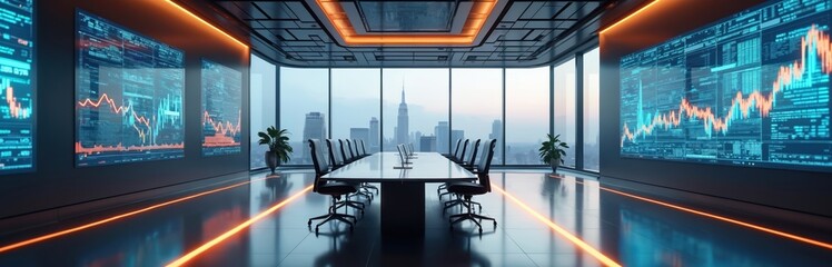 Modern financial analysts boardroom office with large displays showing stock market graphs. Futuristic interior design with big windows and city skyline view. Business meeting room for data analysis.