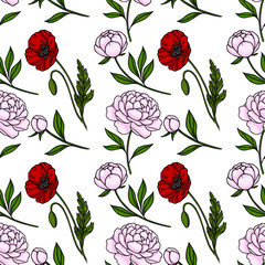 Seamless vector pattern featuring delicate pink peonies and vibrant red poppies with green leaves and buds on a clean white background.