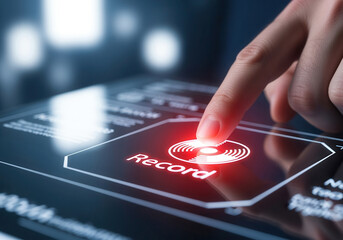 Close-up of a finger touching a glowing red record button on a futuristic interface. Starting a process on a modern digital control panel