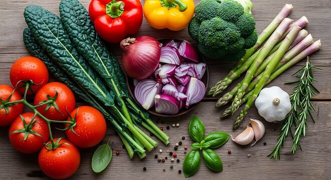 Fresh Organic Vegetables Assorted Tomatoes Broccoli Asparagus Red Onion Garlic Basil and Rosemary on Wooden Surface