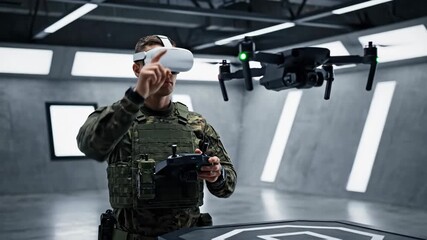 Soldier in virtual reality headset controls drone remotely from a launchpad for military unmanned aerial vehicle operation and training - Powered by Adobe