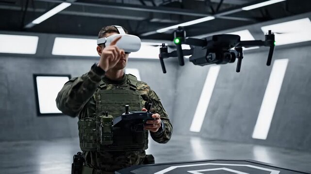 Soldier in virtual reality headset controls drone remotely from a launchpad for military unmanned aerial vehicle operation and training
