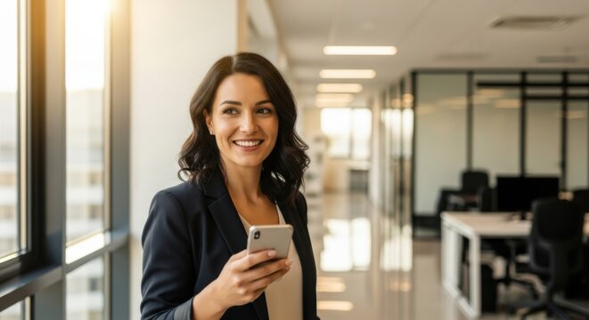 Businesswoman smiles confidently while holding her smartphone in a bright modern office space near large windows representing success and professional achievement in the corporate world.