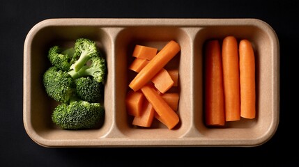 Divided brown tray holds fresh broccoli florets, diced carrots, and carrot sticks