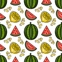 Seamless vector pattern featuring vibrant, hand-drawn style watermelon slices, whole watermelons, and lemon halves with curly peels on a clean white background.