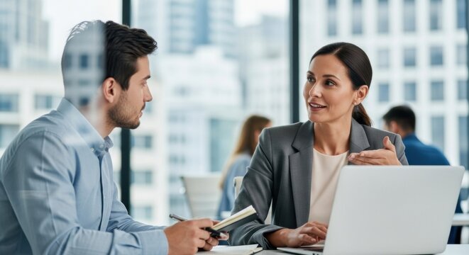 Businesswoman discusses project details with a male colleague in a modern office environment using a laptop to review data and brainstorm ideas fostering teamwork and strategic planning for future gr